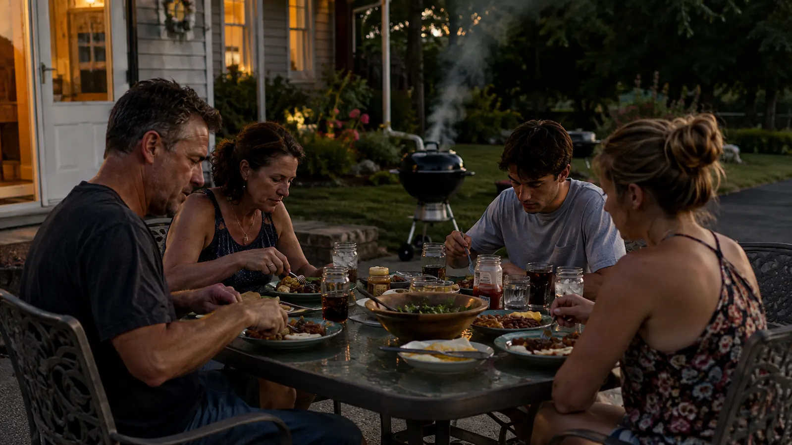 A family seated at an outdoor table eating dinner together while a kettle grill smokes unattended in the background