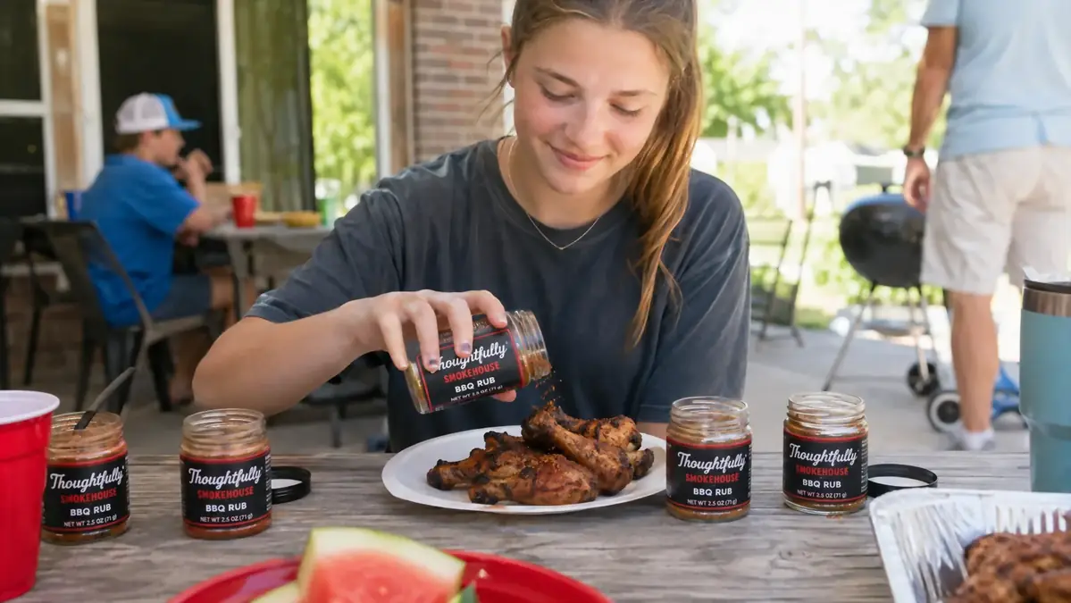 A young guest sprinkling seasoning from a small jar onto her own plate of grilled chicken at a backyard picnic table