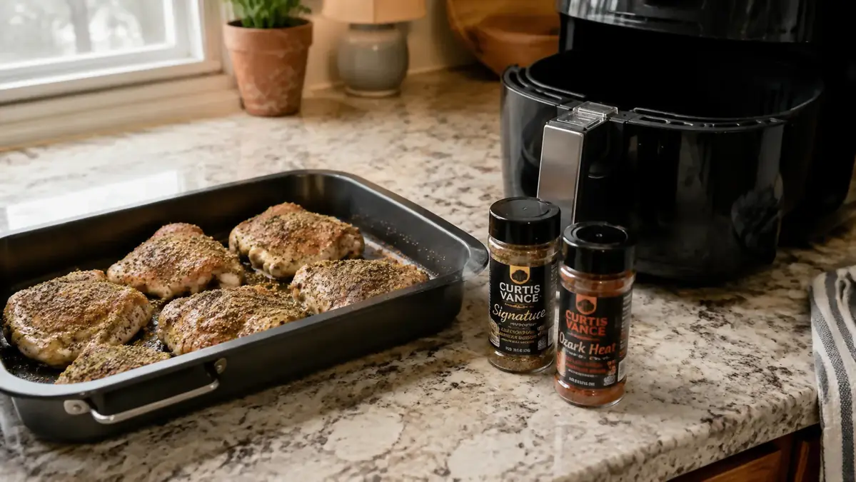 Two small rub jars sitting on a kitchen counter next to a roasting pan and an air fryer basket