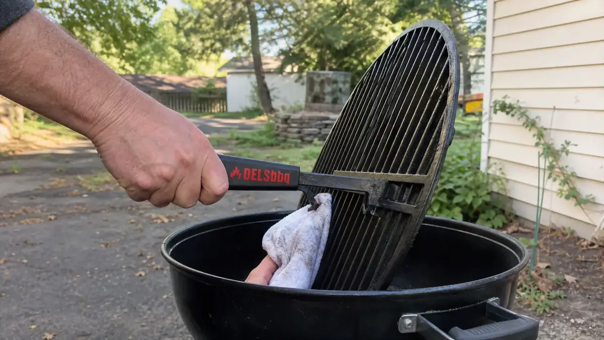 A hand using a cast iron grate lifter to prop a cold cooking grate up at an angle for oiling before the fire is lit