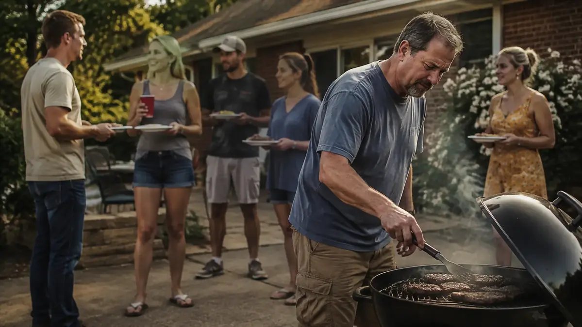 A man tending a charcoal kettle grill while a small group of young adults stand back near a driveway during a cookout