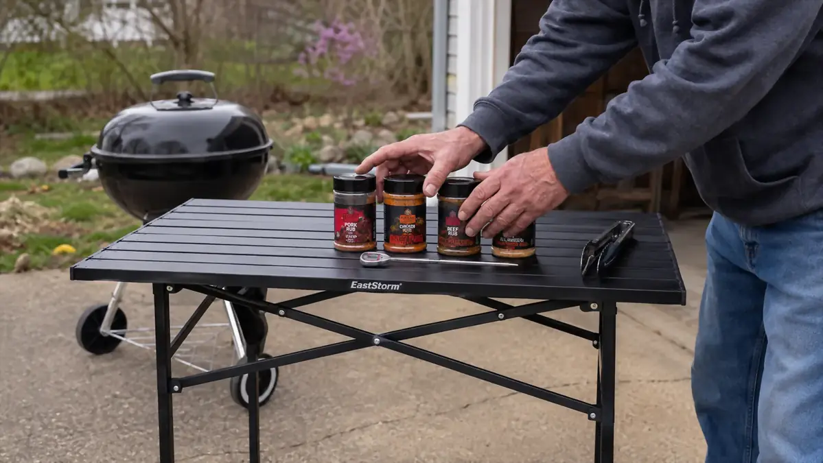 Hands arranging rub jars and grilling tools on a folding table before a charcoal grill is lit