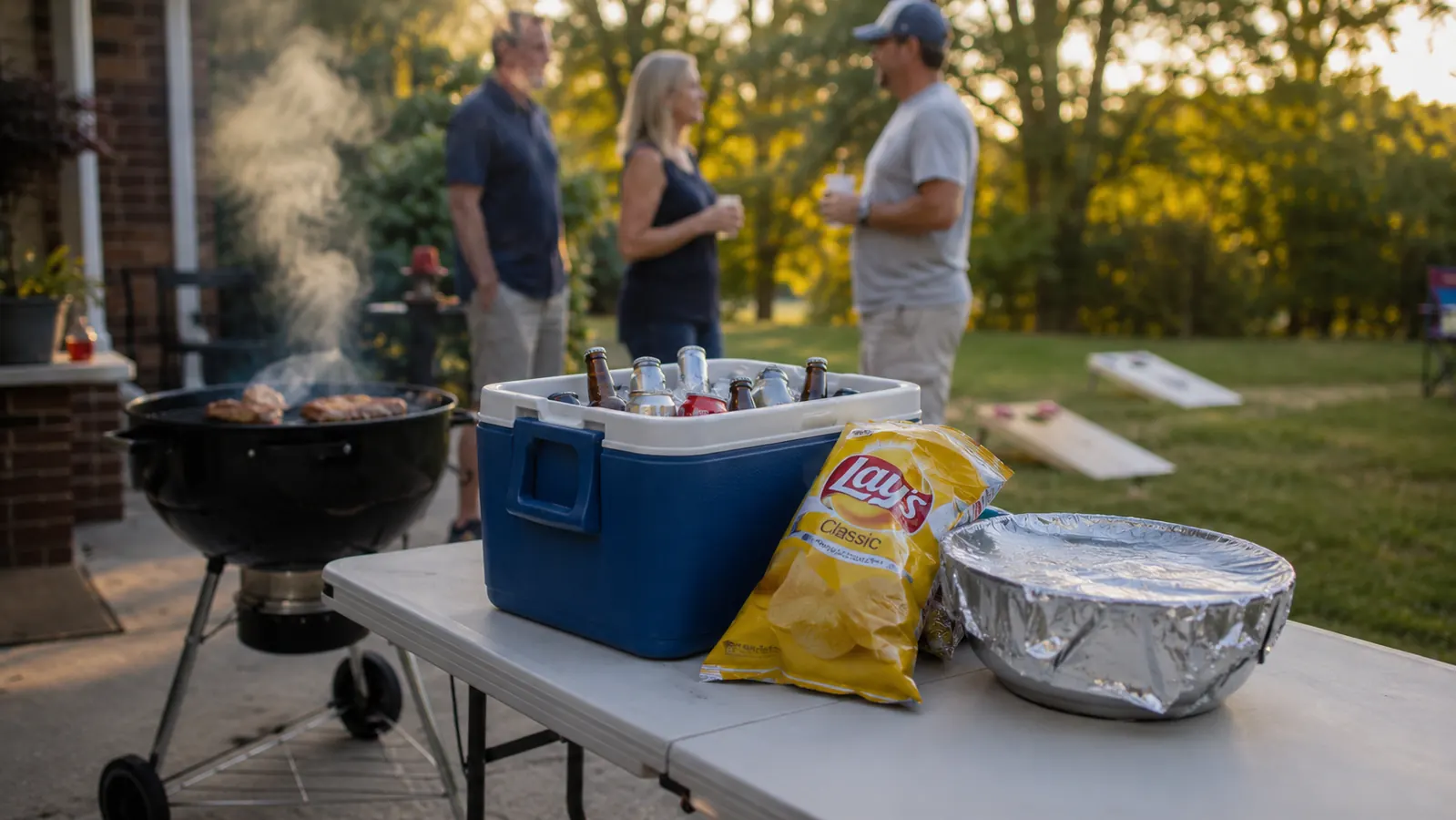 A folding table set up as a drink and side dish station away from the grill during a backyard cookout