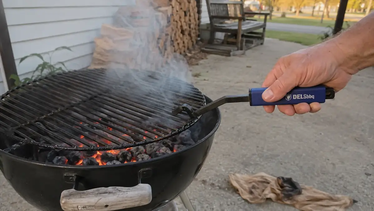 A hand using a DELSbbq cast iron grate lifter to lift a hot cooking grate off a charcoal kettle at a curbside cookout