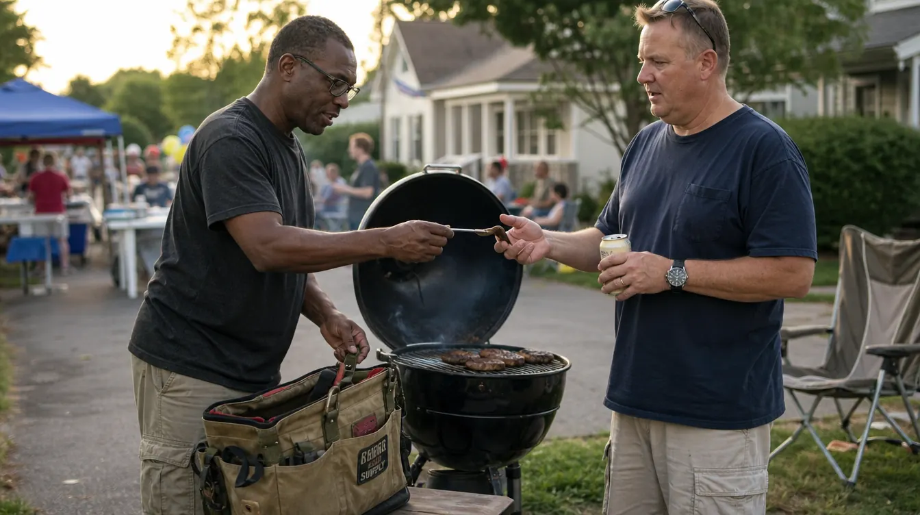 One man handing a cast iron grate lifter to another man standing beside a charcoal grill at a neighborhood cookout