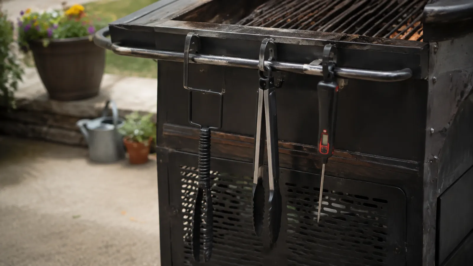 A cast iron grate lifter clipped to the side rail of a grill cart in a driveway
