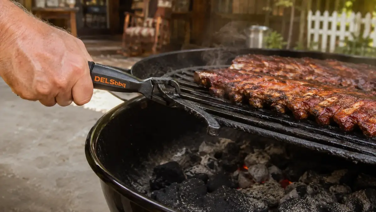 A hand lifting a hot cooking grate loaded with ribs off a kettle grill using a cast iron grate lifter