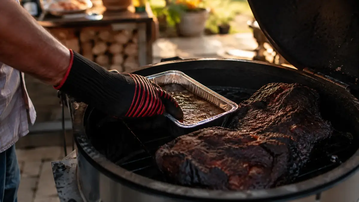 A hand wearing a heat resistant grill glove moving a foil pan inside a kettle grill