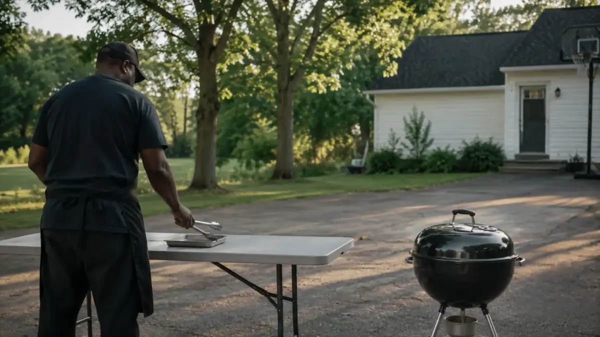 A folding table set up in a quiet driveway the following weekend with a single platter and tongs on top