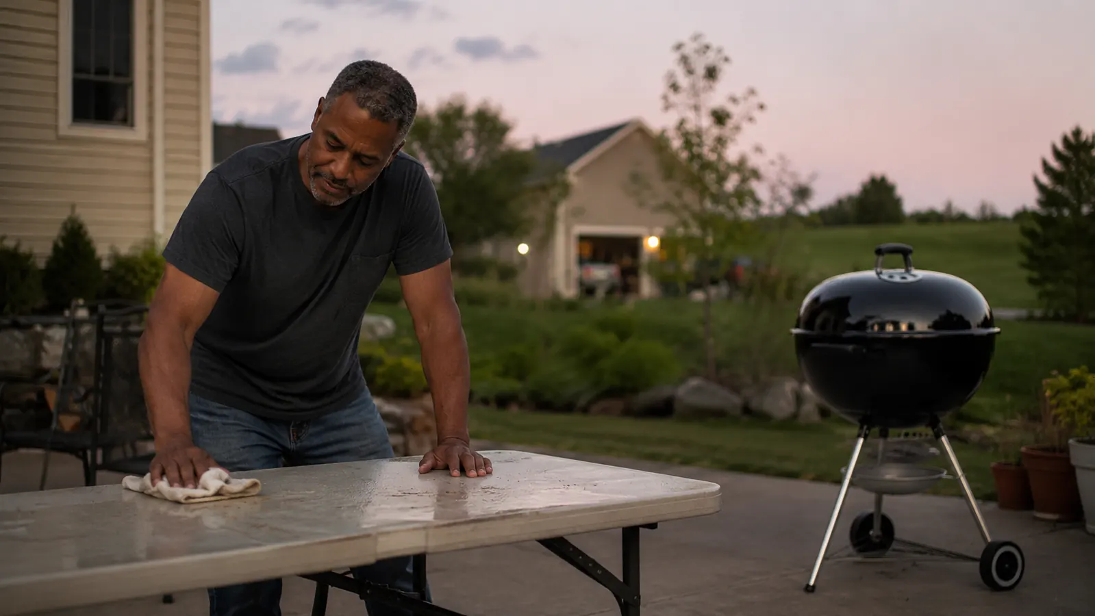 A man wiping down the top of a folding table with a rag after a cookout, grill visible in the background