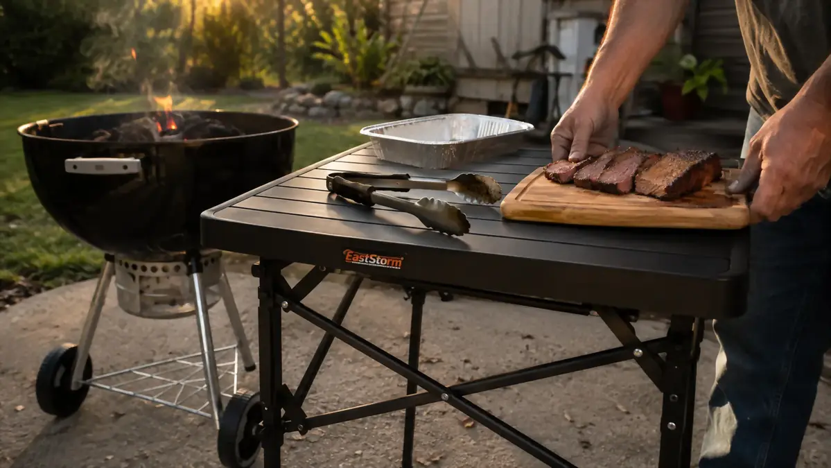 Hands sliding a cutting board with sliced brisket onto a folding grill table next to a kettle grill