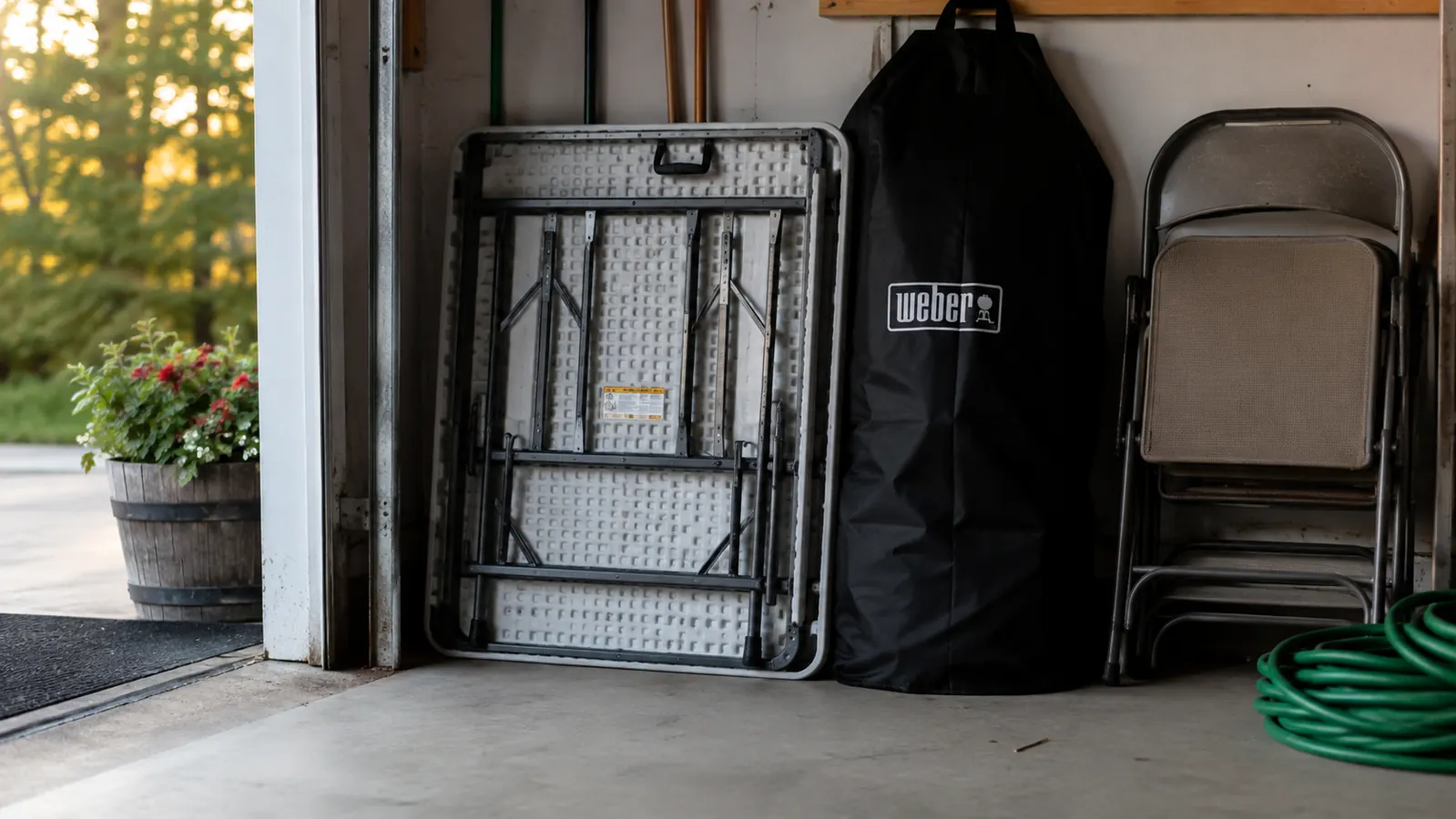A folded-up portable table leaning against a garage wall next to a grill cover and a folding chair