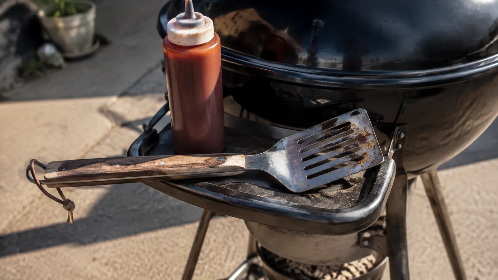Close-up of a grill's small welded metal side shelf holding only a spatula and a bottle of sauce, with no room for anything else