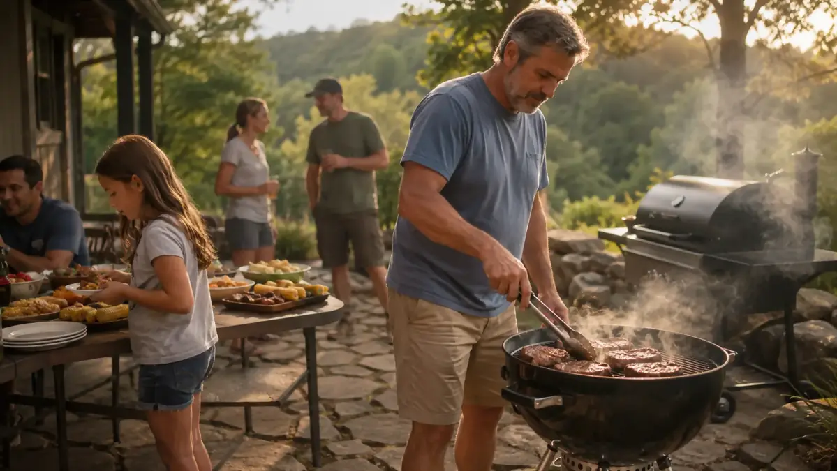 A charcoal kettle grill glowing under a backyard lean-to at dusk with a prep cart alongside