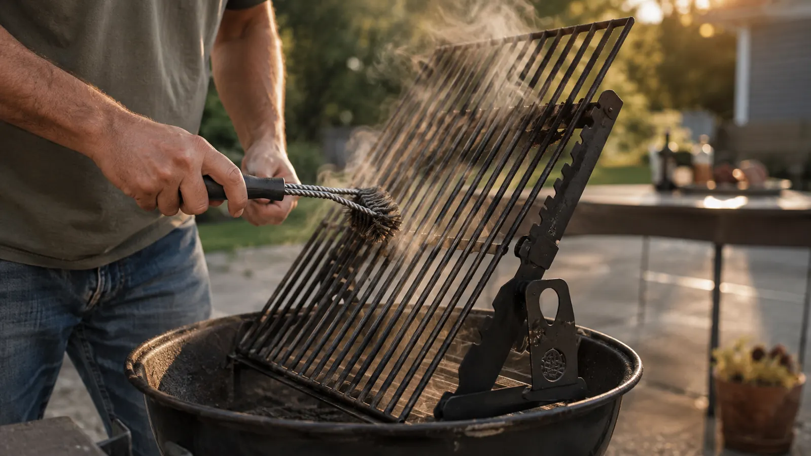 A wire grill brush scrubbing a hot cooking grate propped up on a lifter, steam rising off the metal
