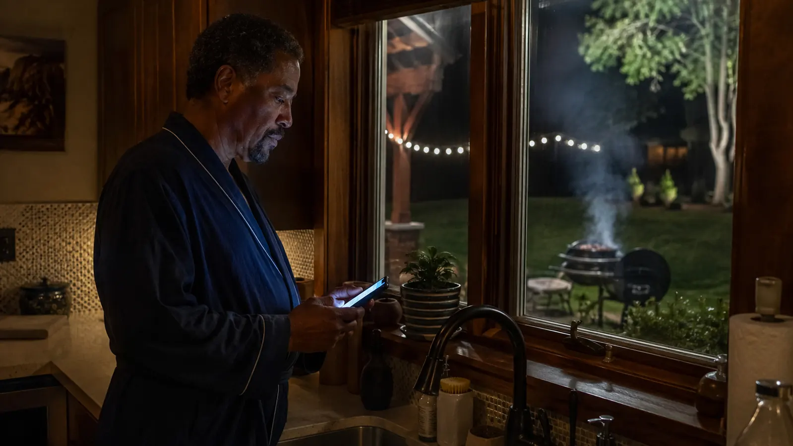 A man in a robe checking a temperature app on his phone at a kitchen window at night with a kettle grill visible outside