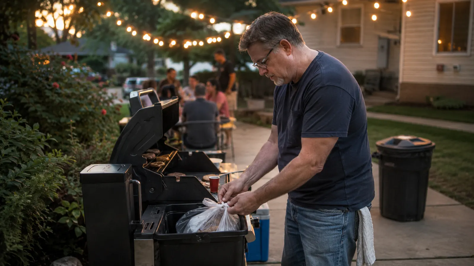 A man tying off a full grease liner bag beside a pellet grill in a driveway at dusk