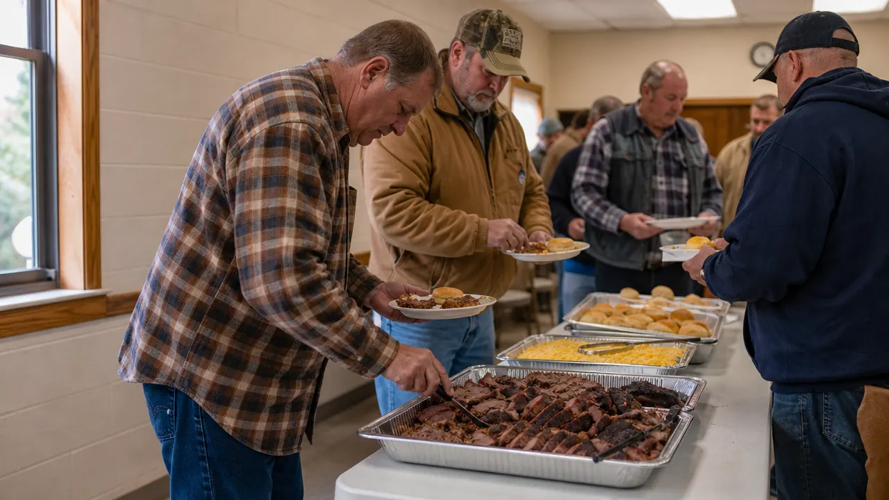 A platter of sliced brisket with darker edges on one side set out on a folding table in a church fellowship hall