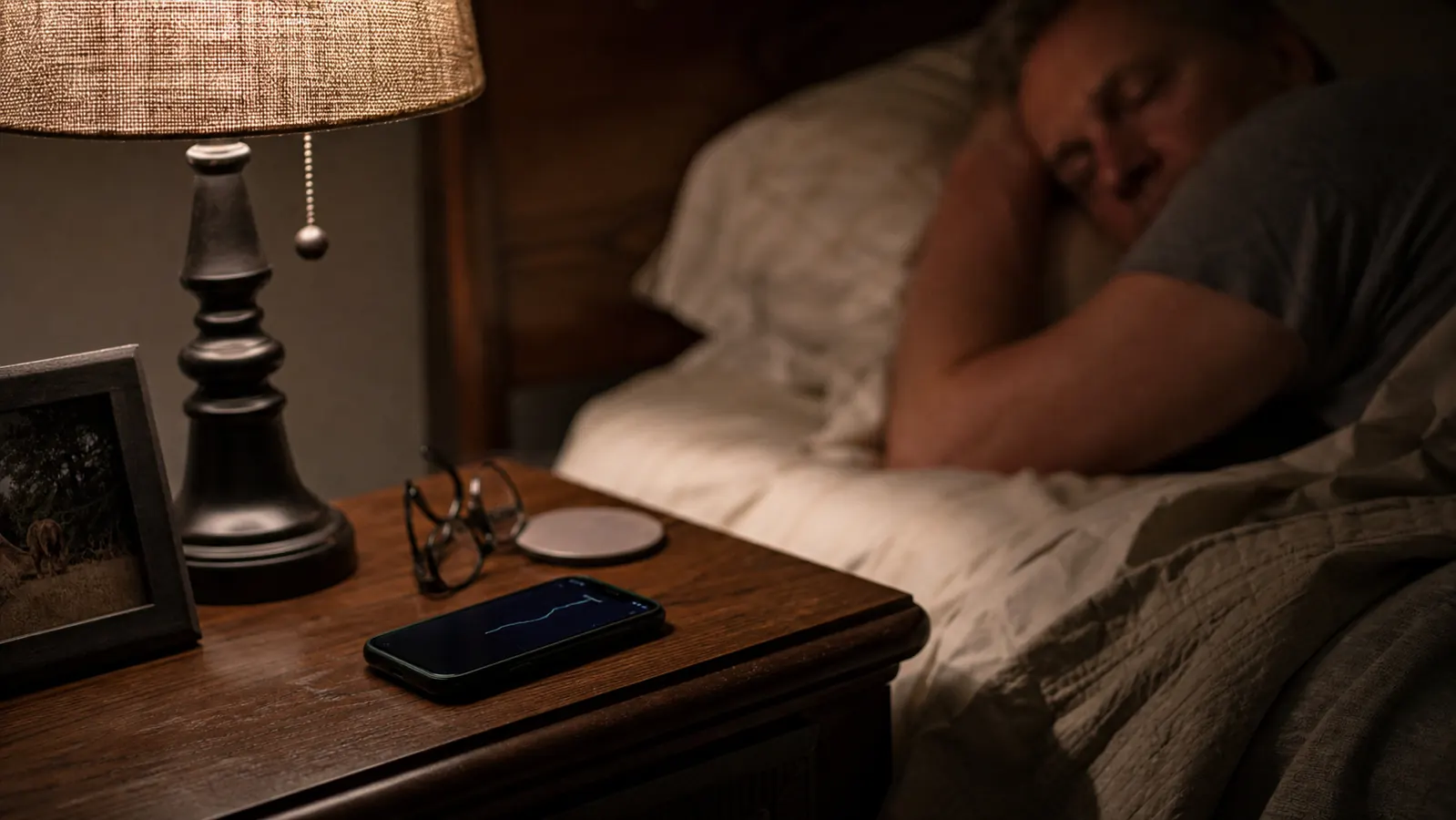 A phone resting screen-up on a nightstand showing a temperature graph next to a lamp turned low