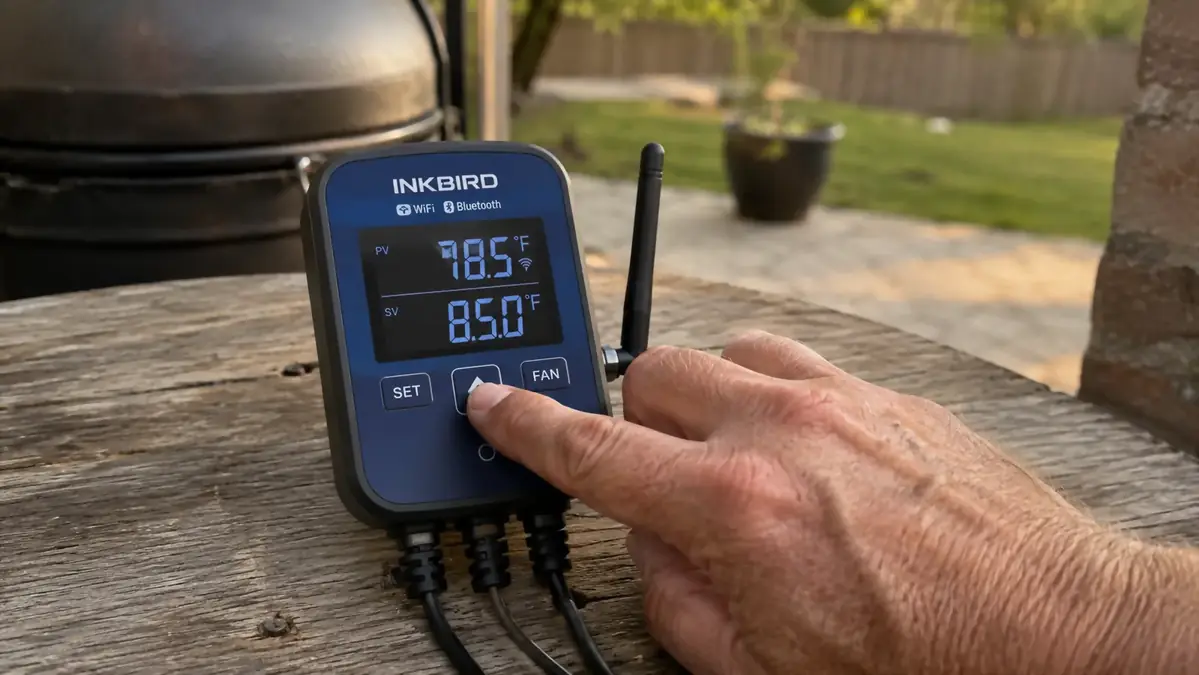 A close-up of a hand pressing a button on the Inkbird control unit's screen showing two probe temperature readouts