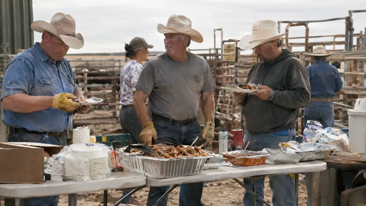 A folding table loaded with foil pans of pulled pork and sides set up near cattle pens with a work crew taking a lunch break
