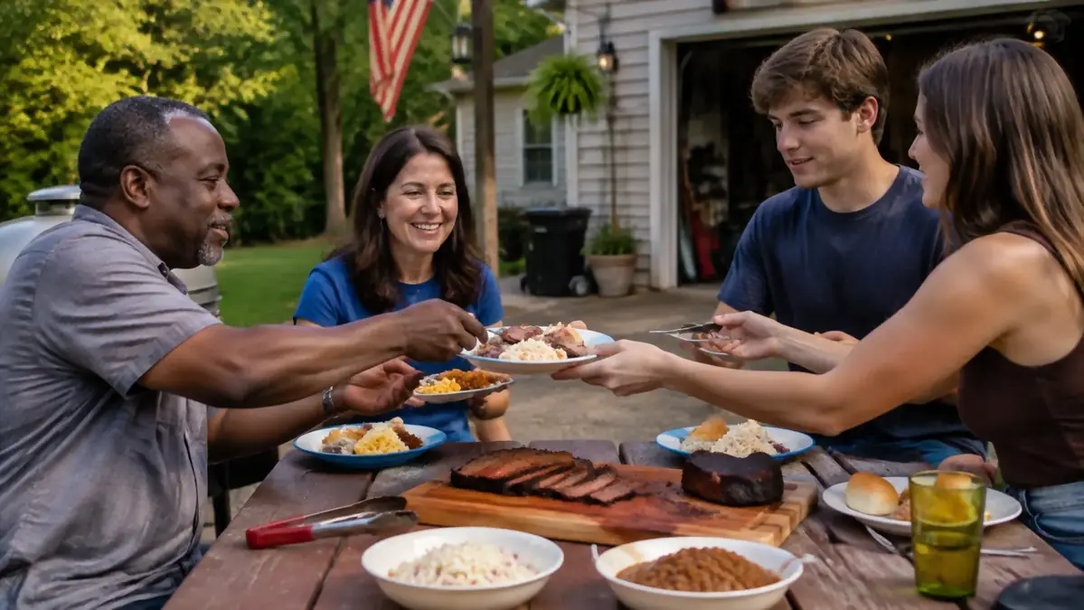 A family gathered around a picnic table in a driveway at midday with a platter of sliced brisket and sides being passed around