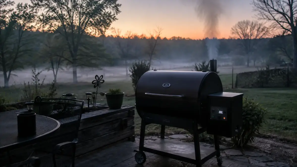 A pellet grill running at dawn on a back patio with fog in the yard
