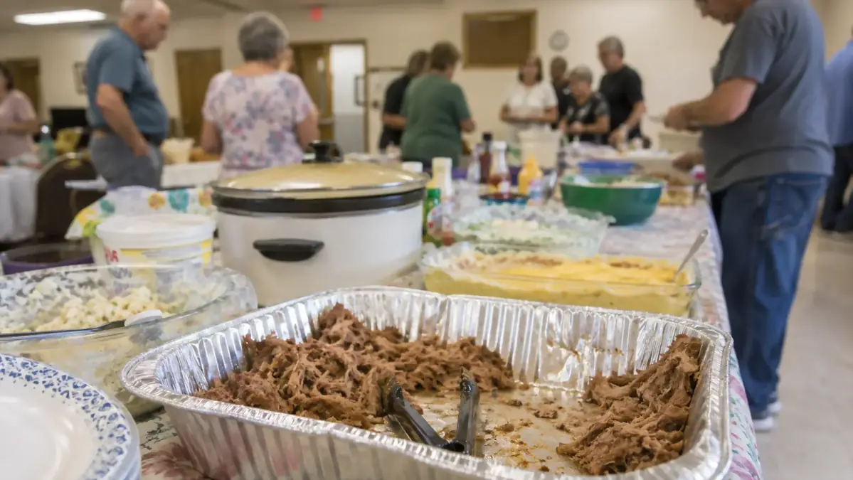 A folding table at a church potluck covered with dishes and a nearly empty pan of pulled pork