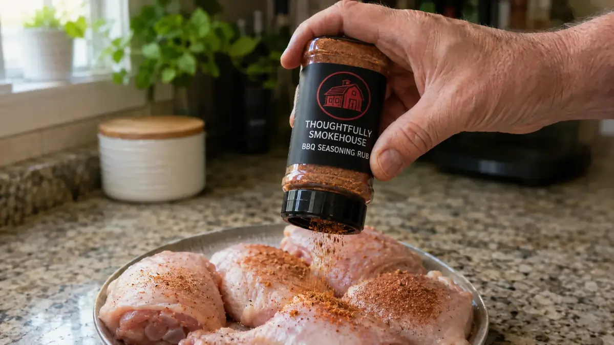 A hand holding one seasoning jar upside down and lightly tapping out rub onto raw chicken thighs on a plate