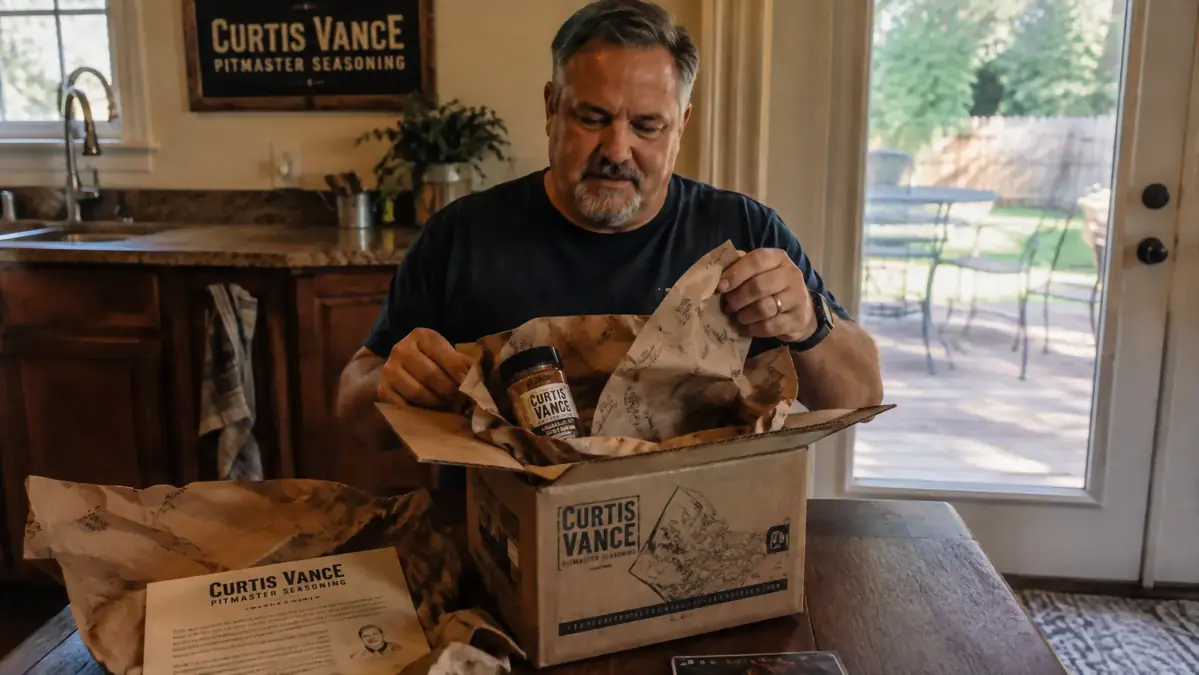 A cracked-open cardboard shipping box with packing paper and a seasoning jar visible inside on a kitchen table