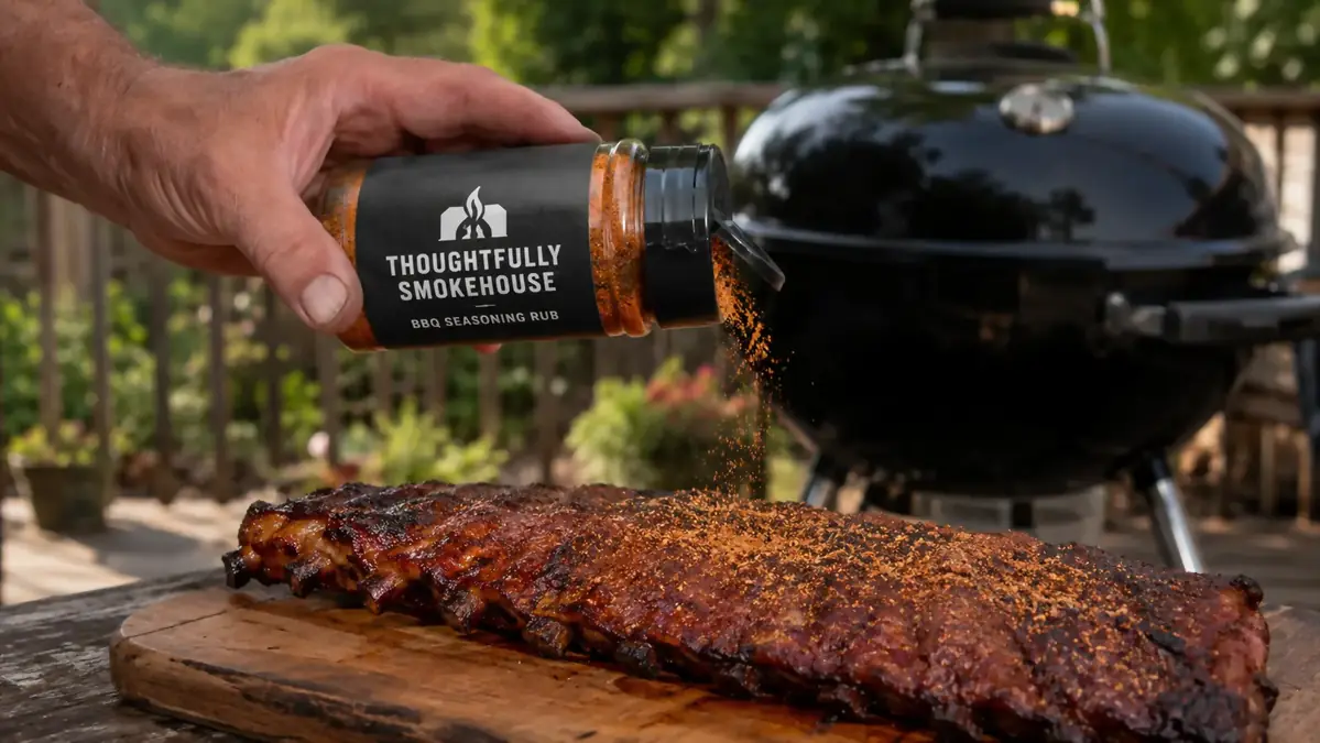 A hand sprinkling seasoning rub from a jar onto a rack of ribs on a cutting board