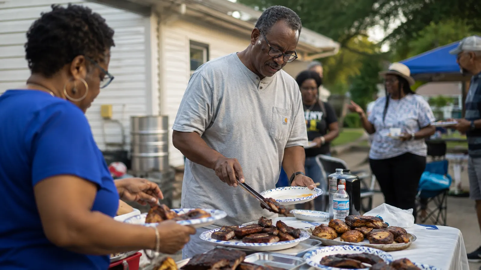 A driveway cookout with plates of grilled chicken and ribs and people gathered around a folding table