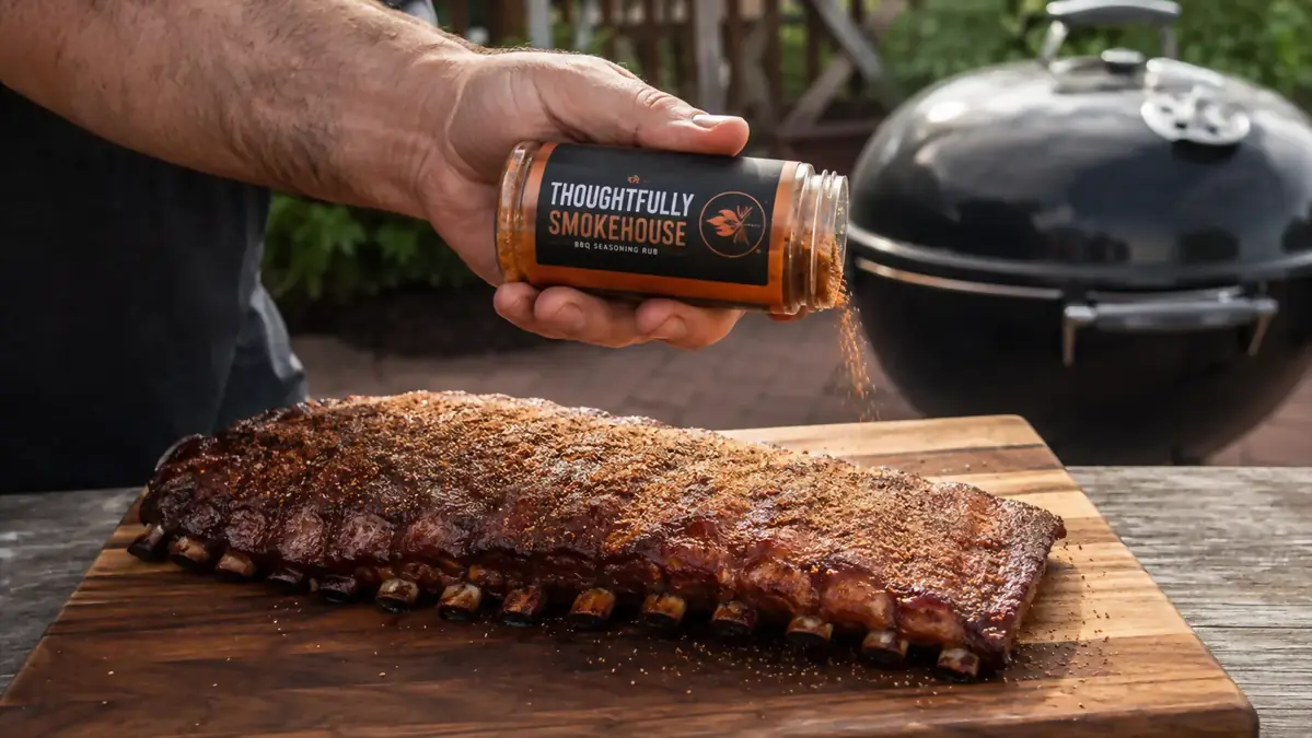 A hand sprinkling seasoning rub from a small jar onto a rack of ribs on a wooden cutting board