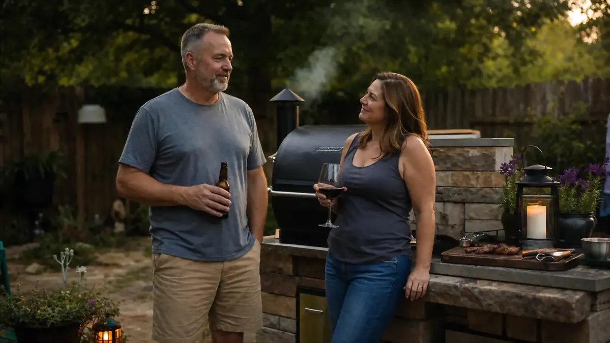 A man and woman standing calmly beside a pellet grill at dusk on a home patio, smoke drifting steadily from the stack