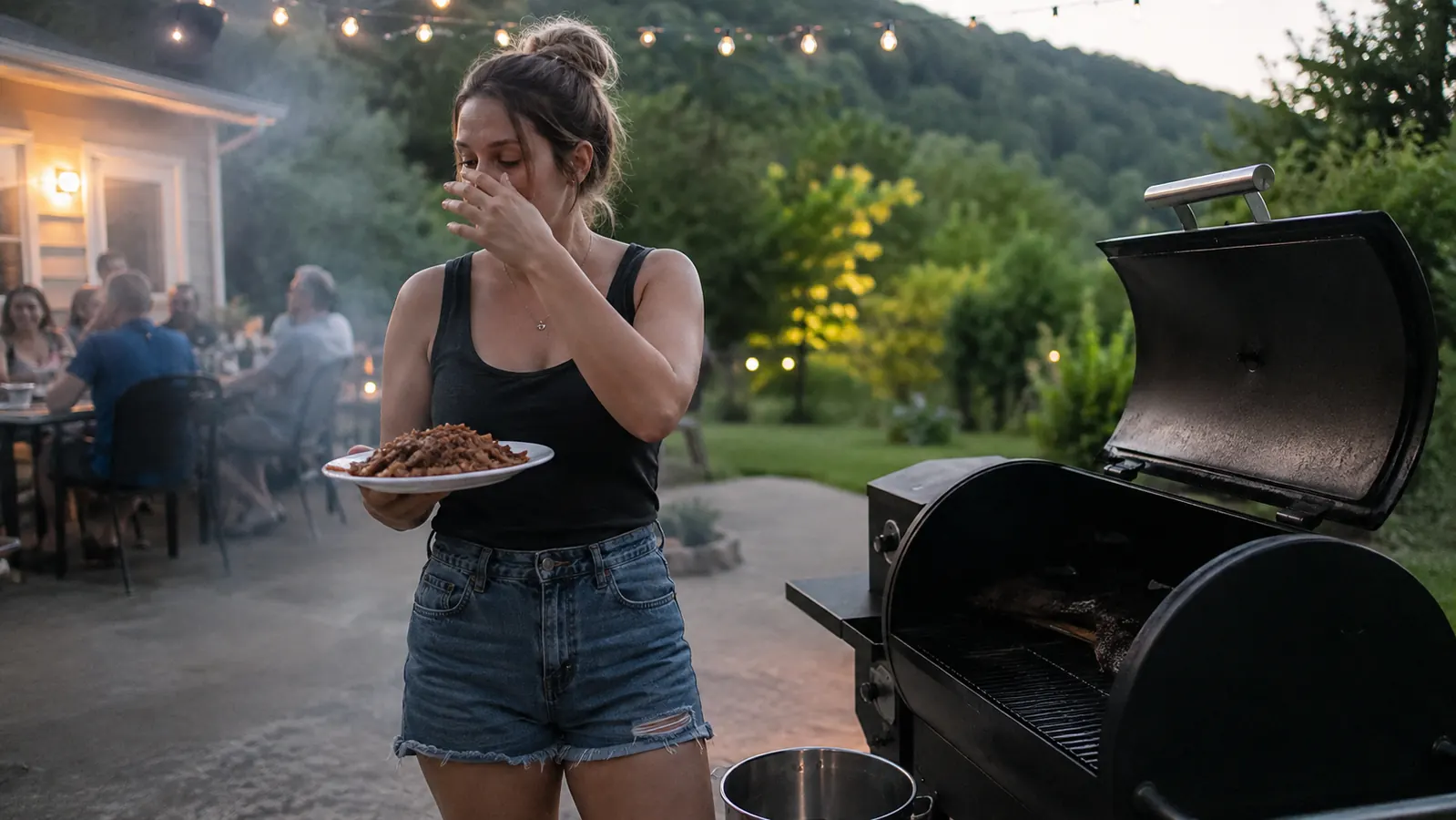 A young woman standing near a pellet grill on a driveway at dusk with a plate of pulled pork, waving her hand near her face