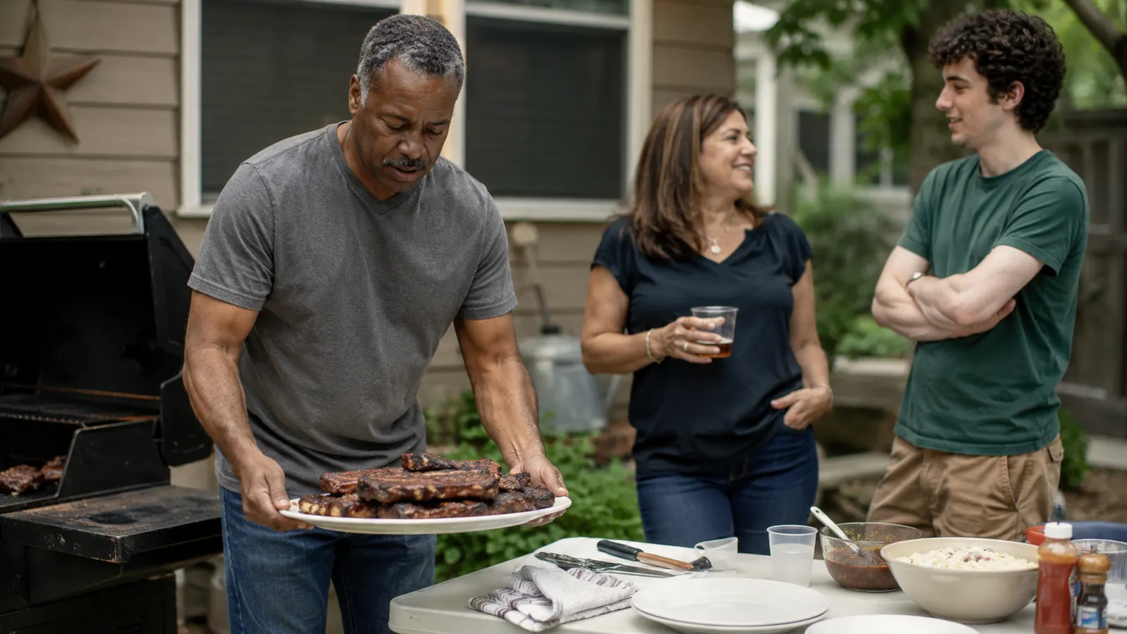 A man setting a full platter of ribs down on a folding table next to the grill while a woman and a young man look on in a driveway cookout
